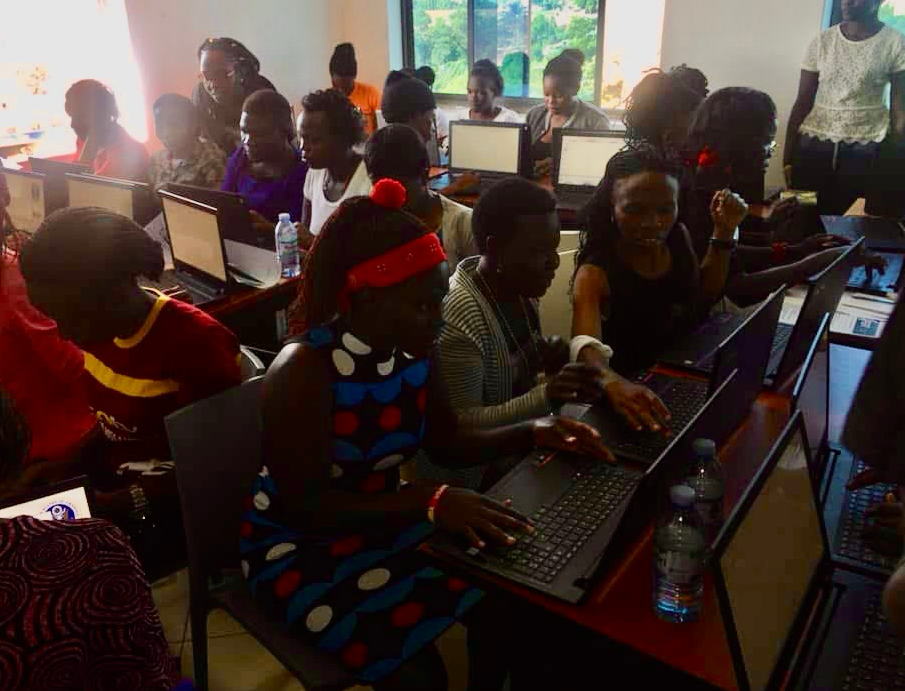 Girls learning to code in a workshop